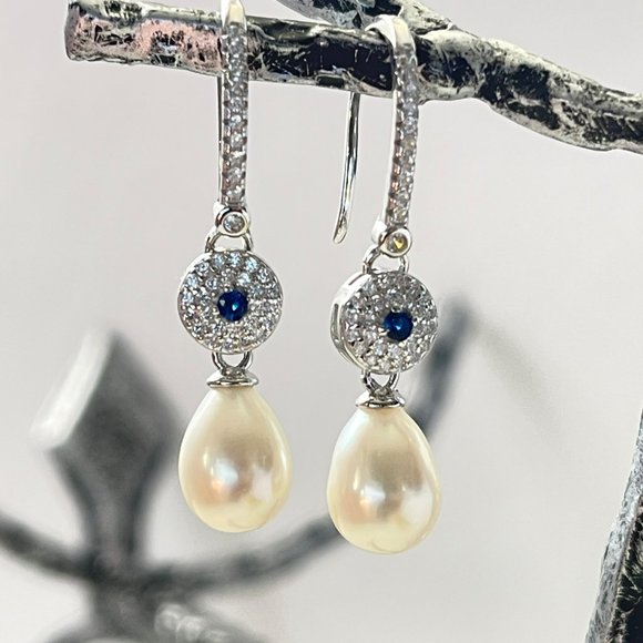 Vintage Style 925S Zirconia And Real Freshwater Drop Pearl Dangle Hook Earrings - Picture 12 of 14